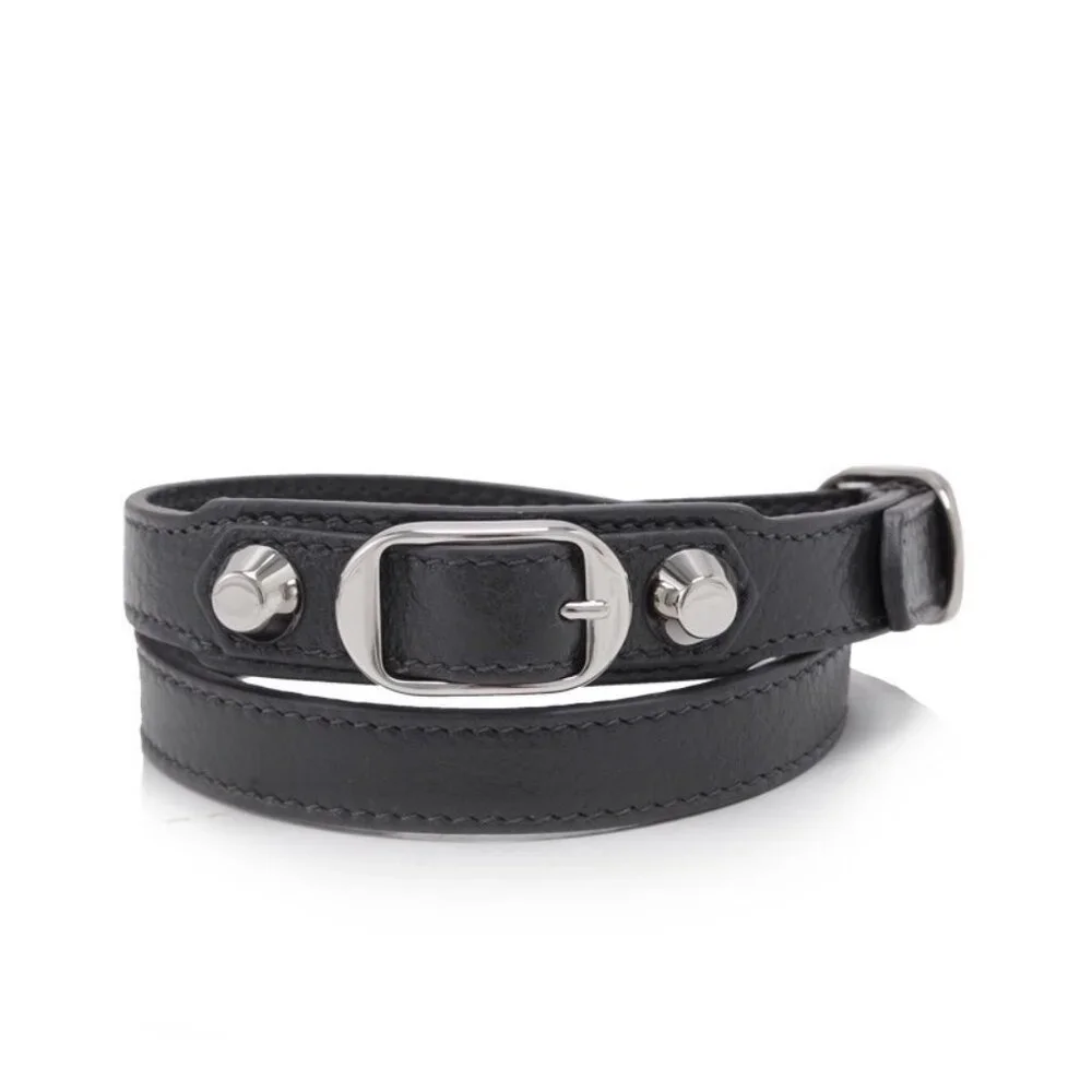 Balenciaga Black Leather Double-Wrap Bracelet with Silver Hardware - Picture 6 of 8
